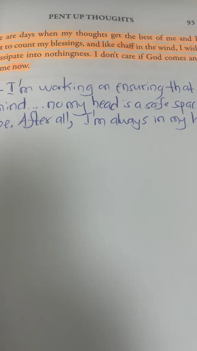 Reader's handwritten note responding to a highlighted passage from Pent Up Thoughts, healing poetry for anxiety