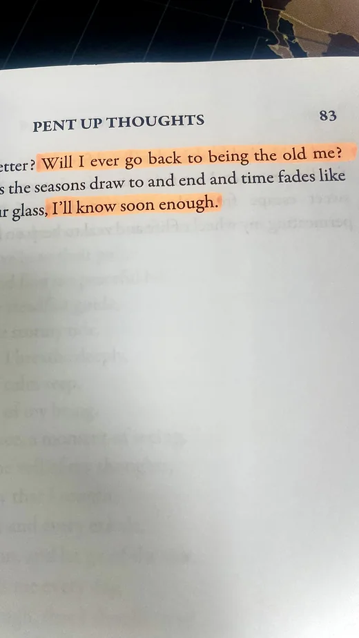Highlighted passage from Pent Up Thoughts poetry collection about healing and mental health