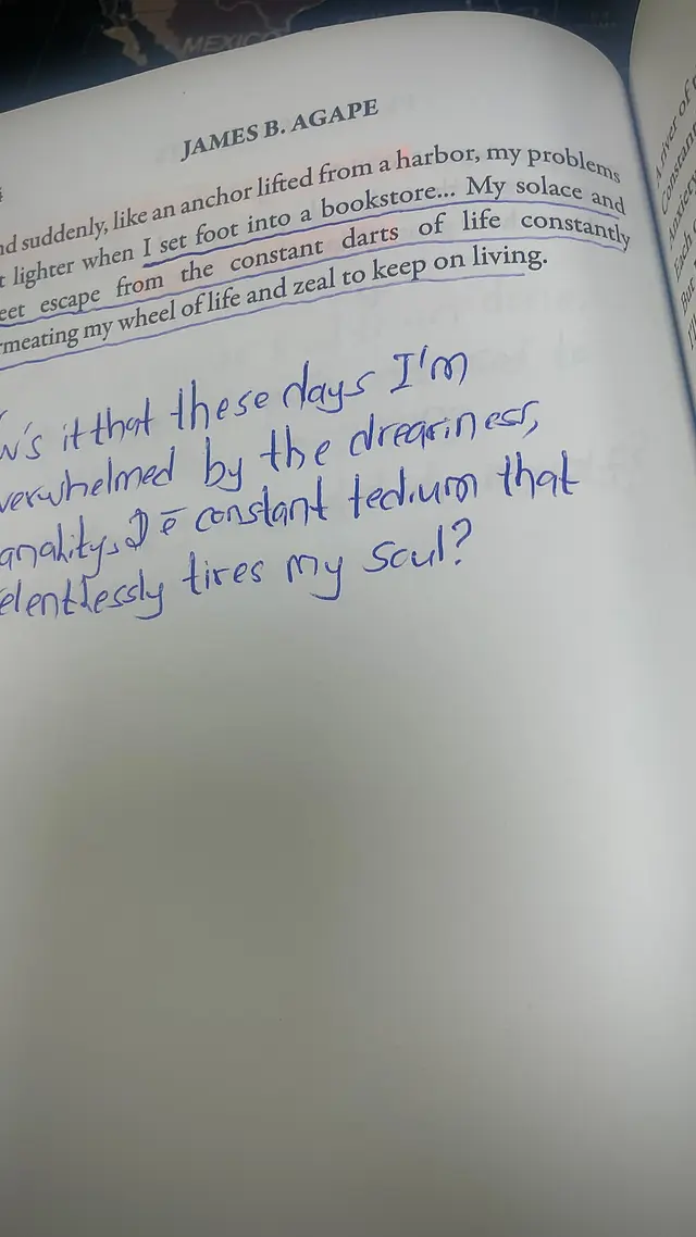 Reader's handwritten reflection beside a passage from Pent Up Thoughts by James B. Agape about finding solace in books